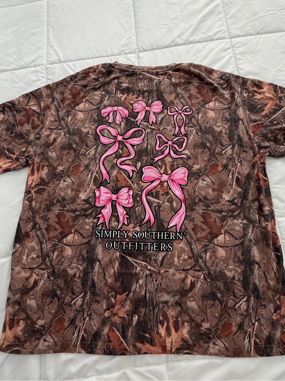 Simply Southern Brown Camo Tee with Pink Bow Cluster